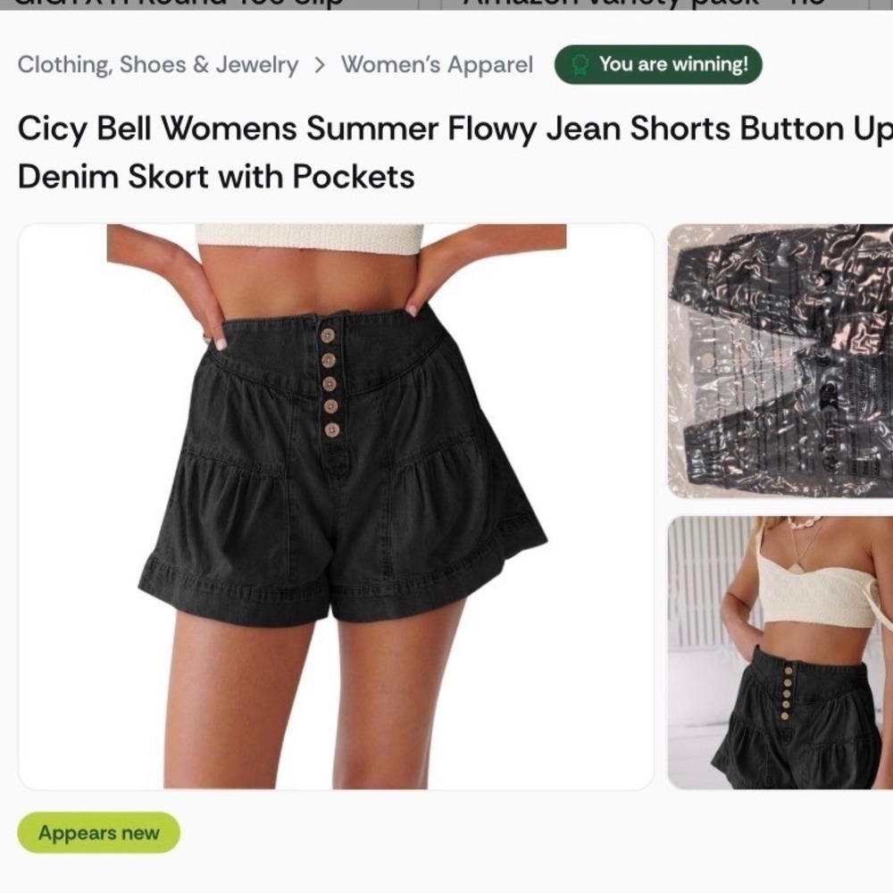 Cicy Bell Womens High Waisted Black Denim Shorts Flowy Button Fly Skort Pockets